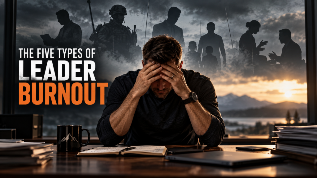 Leader at his desk with his head in his hands beneath the headline The Five Types of Leader Burnout